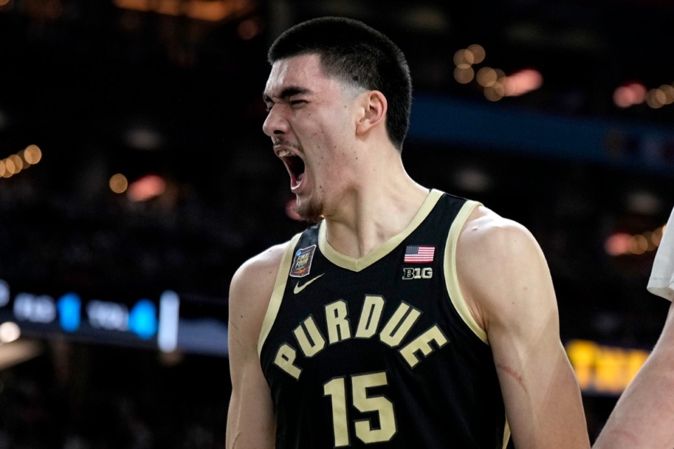 <strong>Purdue center Zach Edey celebrates after blocking a shot against UConn during the first half of the NCAA college Final Four championship basketball game, Monday, April 8, 2024, in Glendale, Ariz.</strong> (AP Photo/Brynn Anderson)