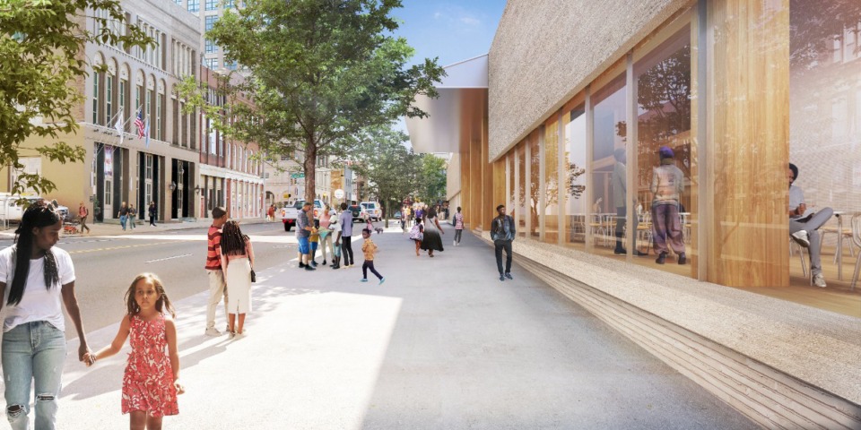 <strong>A rendering displays the Front Street view of the proposed new Memphis Brooks Museum Art Museum.</strong> (&copy; Herzog &amp; de Meuron)