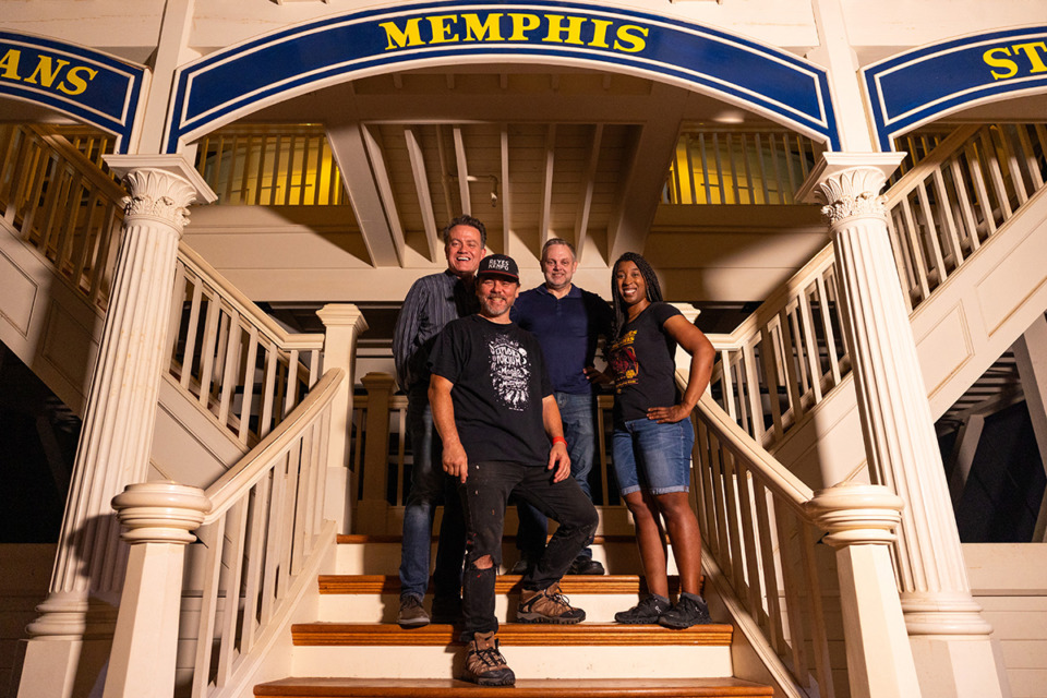 <strong>Christopher Reyes (front), Marvin Stockwell, Reuben Brunson and Kathryn Hicks (back left to right) stand on the riverboat inside of the Mud Island Museum June 7.</strong> (Benjamin Naylor/The Daily Memphian)