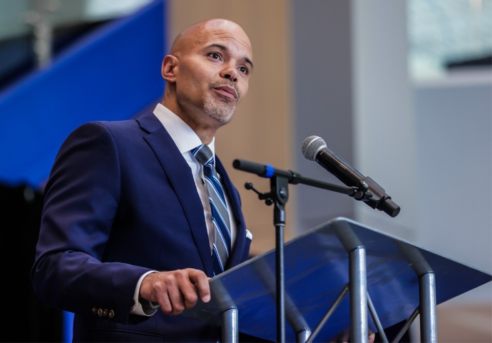 <strong>Ed Scott speaks at a June 28, 2024 press conference announcing him as the next athletic director of the University of Memphis.</strong> (Patrick Lantrip/The Daily Memphian)