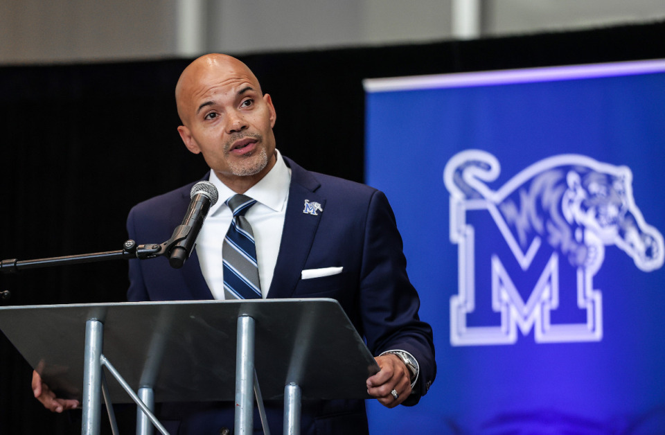 <strong>New University of Memphis athletic director Ed Scott speaks at a June 28, 2024 press conference announcing his arrival.</strong> (Patrick Lantrip/The Daily Memphian)