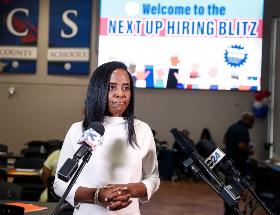 <strong>Memphis Shelby County Schools Superintendent Marie Feagins speaks to the media during a hiring event on Tuesday, June 25. The next job fair will be Tuesday, July 2 at East High.</strong> (Mark Weber/The Daily Memphian)