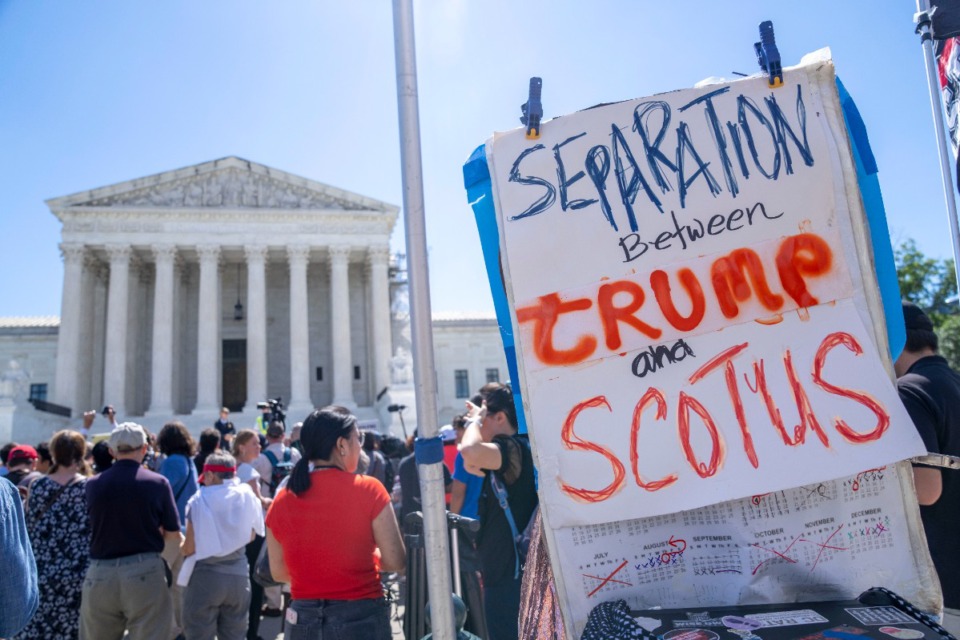<strong>People protest, Monday, July 1, 2024, outside the Supreme Court in Washington, as decisions are announced.</strong> (Jacquelyn Martin/AP Photo)
