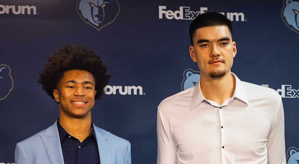 <strong>Jaylen Wells and Zach Edey appeared at a Memphis Grizzlies press conference introducing their 2024 NBA draft picks June 28.</strong> (Benjamin Naylor/The Daily Memphian)