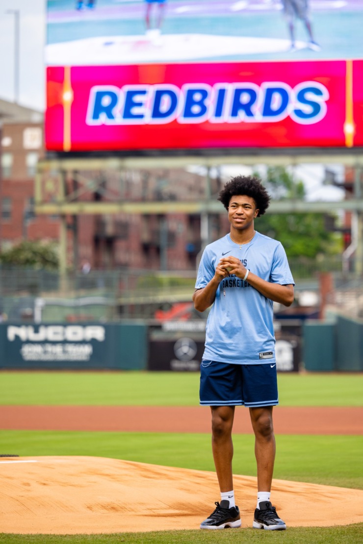 <strong>He may be a basketball player for the Memphis Grizzlies, but Jaylen Wells got to be a baseball player for a short time July 3, 2024, at the Redbirds game at AutoZone Park, as he took the mound for the ceremonial first pitch.</strong> (Benjamin Naylor/The Daily Memphian)