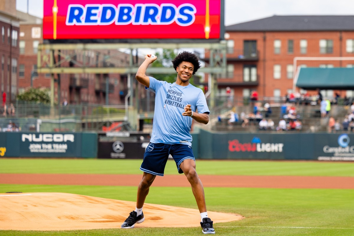 <strong>New Memphis Grizzlies draftee Jaylen Wells throws out the first pitch at the Memphis Redbirds&rsquo; annual Red, White and Boom celebration game July 3, 2024, at AutoZone Park.</strong> (Benjamin Naylor/The Daily Memphian)