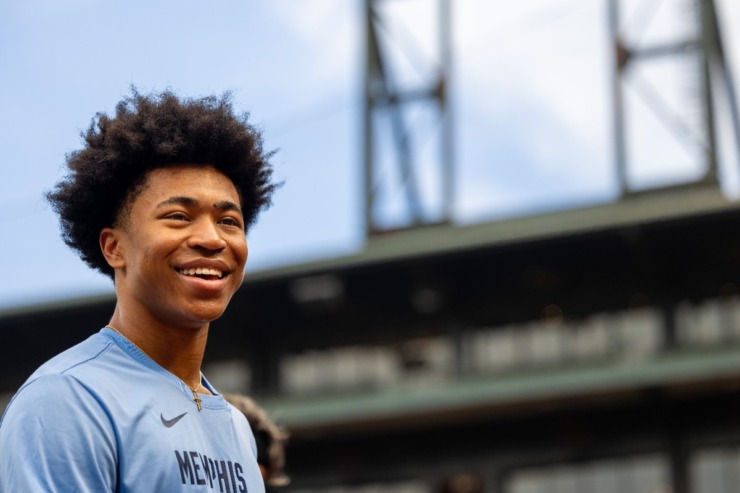 <strong>Jaylen Wells was all smiles July 3, 2024. as he exited the field at AutoZone Park after throwing the ceremonial first pitch.</strong> (Benjamin Naylor/The Daily Memphian)