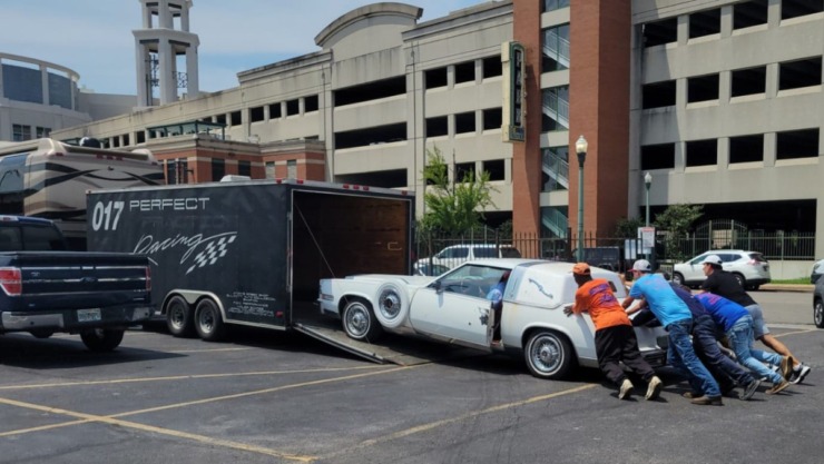 Jerry Lee Lewis' 1983 Cadillac Eldorado Paris Opera edition is loaded into a trailer to be transported from Beale Street to the Jerry Lee Lewis Ranch. (Courtesy Todd Herendeen)