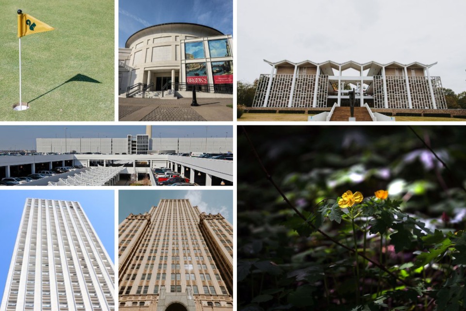 <strong>Jack Weatherly writes about Memphis architectural landmarks, including (clockwise from top left) the Links at Overton Park, Memphis Brooks Museum of Art, the building that formerly housed Memphis College of Art, the Old Forest, the Sterick Building, 100 North Main and Memphis International Airport.</strong> (The Daily Memphian files)