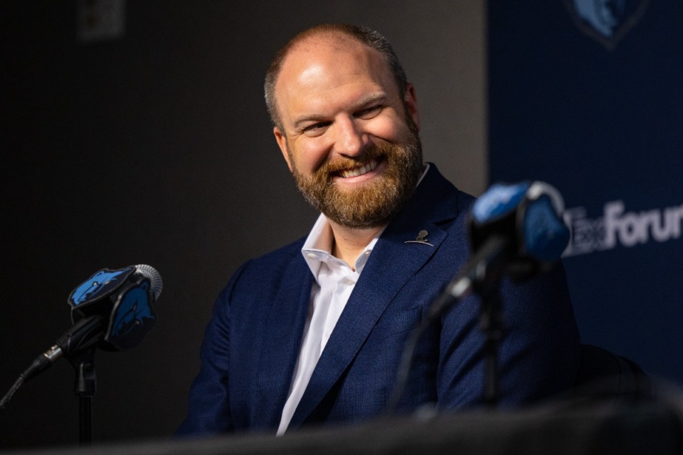 <strong>Grizzlies Head Coach Taylor Jenkins talks during the Grizzlies press conference introducing their 2024 NBA draft picks June 28.</strong> (Benjamin Naylor/The Daily Memphian)