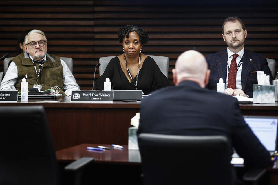 <strong>Memphis City Council members (left to right) Dr. Jeff Warren, Pearl Eva Walker and Ford Canale listen to a presentation from MLGW President and CEO Doug McGowen on Tuesday, January 23, 2024.</strong> (Mark Weber/The Daily Memphian)