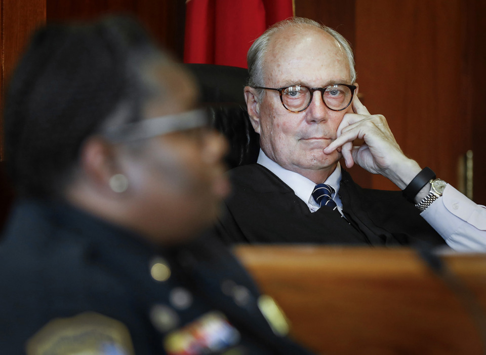 <strong>Jim Kyle, right, listens to testimony to in his courtroom on Aug. 30, 2022.</strong> (Mark Weber/The Daily Memphian file)