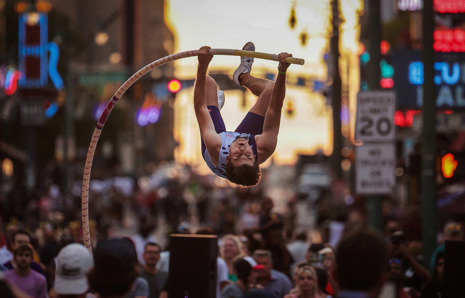 <strong>Jacob Wooten completes in the Ed Murphey Classic pole-vaulting competition on Beale Street Aug. 5, 2023.</strong> (Patrick Lantrip/The Daily Memphian file)