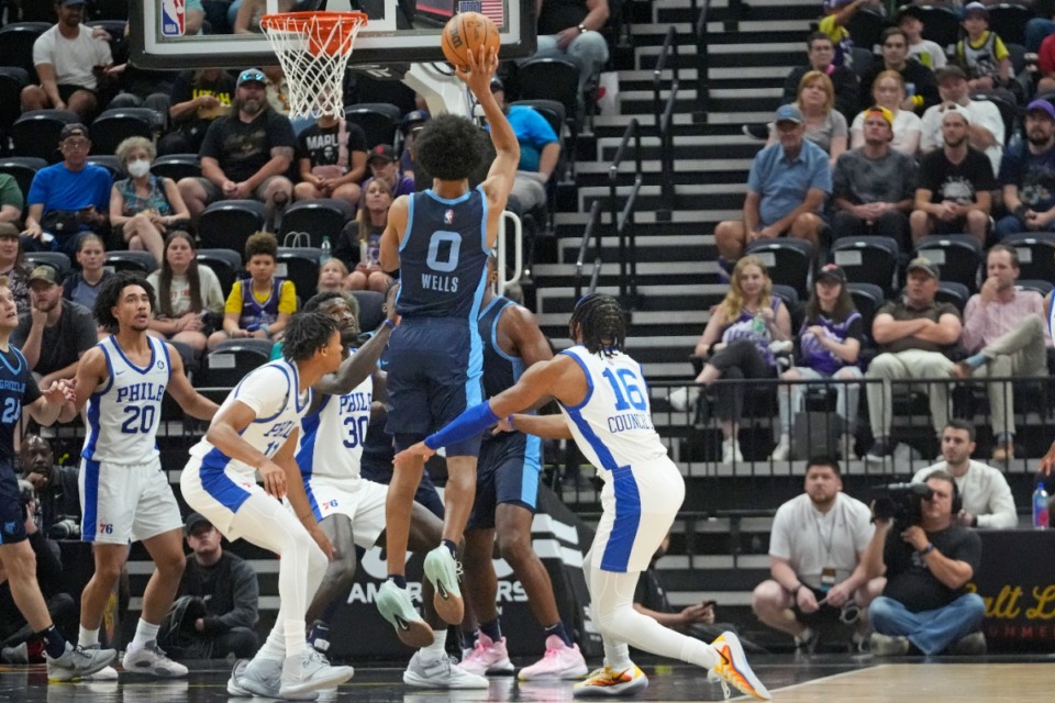 <strong>Memphis Grizzlies forward Jaylen Wells (0) scores the winning shot against the Philadelphia 76ers during the summer league game Tuesday, July 9, 2024, in Salt Lake City.</strong> (Rick Bowmer/AP)