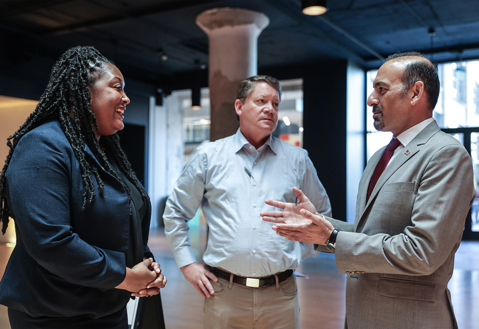 <strong>Dilawar Syed (right), deputy administrator for the Small Business Administration, tours Crosstown Concourse with Joann Massey of EDGE (left) on July 10, 2024.</strong> (Patrick Lantrip/The Daily Memphian)