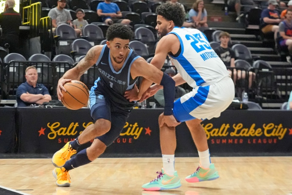 <strong>Memphis Grizzlies guard Scotty Pippen Jr. (1) drives around Oklahoma City Thunder guard Ajay Mitchell (25) on Wednesday, July 10, 2024, in Salt Lake City.</strong> (Rick Bowmer/AP)