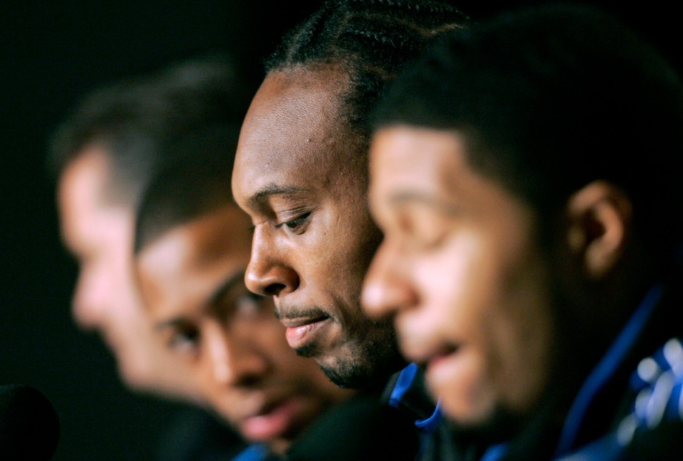 <strong>Joey Dorsey, second from right, spent the back half of the 2022-23 season as a volunteer assistant for the Memphis Tigers on coach Penny Hardaway&rsquo;s staff. Now he&rsquo;s a coach for an NBA team.</strong> (Eric Gay/AP)