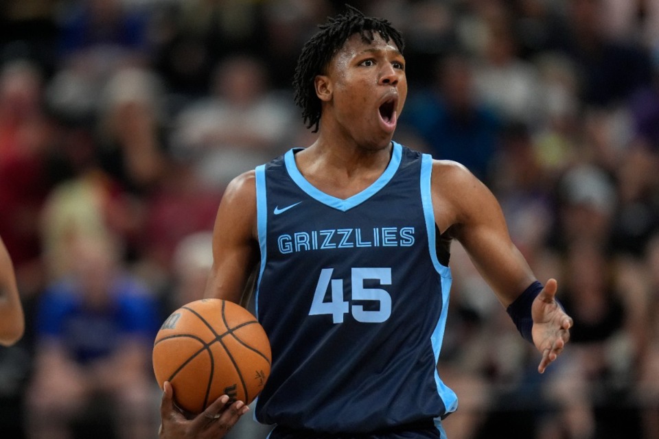 <strong>Memphis Grizzlies GG Jackson II reacts after a foul against the Utah Jazz during the second half of an NBA summer league basketball game, Monday, July 8, 2024, in Salt Lake City.</strong> (Rick Bowmer/AP Photo)