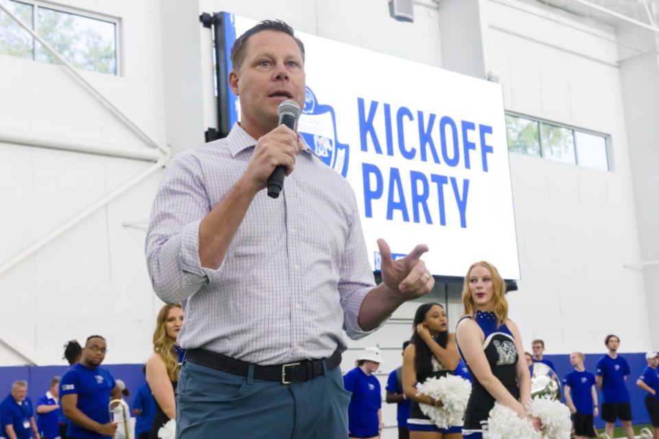 <strong>University of Memphis athletic director Laird Veatch speaks during Highland 100 Season Kickoff Party at South Campus on Monday Aug. 1, 2022. </strong>(Ziggy Mack/Special to The Daily Memphian file)