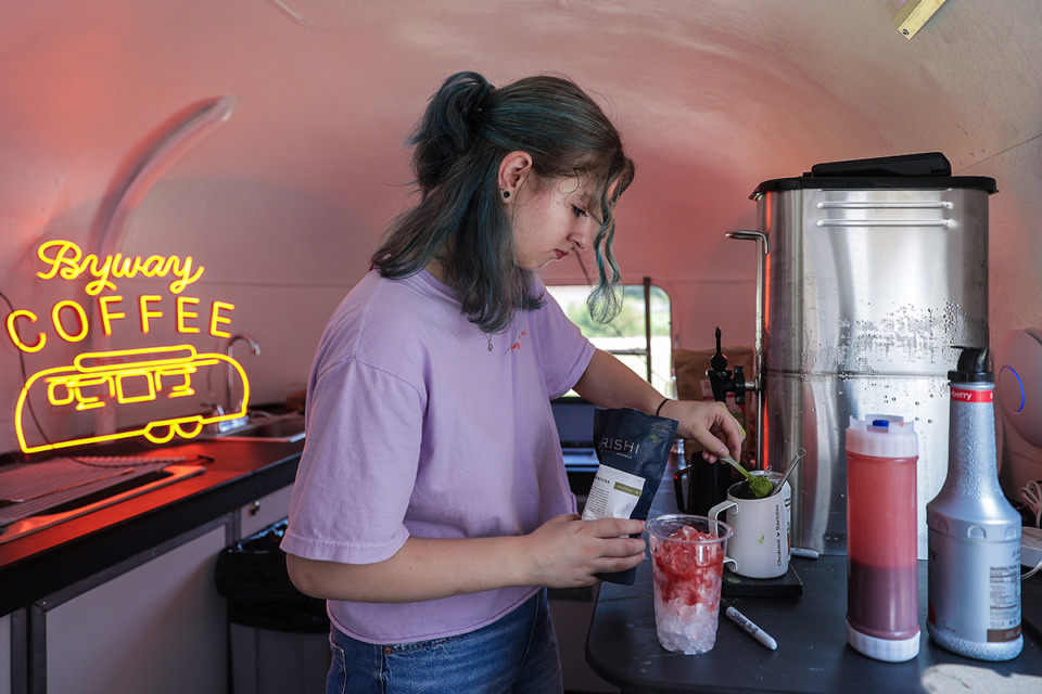 <strong>Penny Rosenberg makes a Strawberry Matcha Lemonade at Byway Coffee Co.'s new mobile coffee shop July 13.</strong> (Patrick Lantrip/The Daily Memphian)