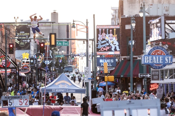 <strong>Pole-vaulter Matt Ludwig clears the bar Saturday during the John &ldquo;Buck&rdquo; Ewing PRO Men&rsquo;s Pole Vault on the final day of the Ed Murphey Classic on Beale Street.</strong> (Brad Vest/Special to The Daily Memphian)