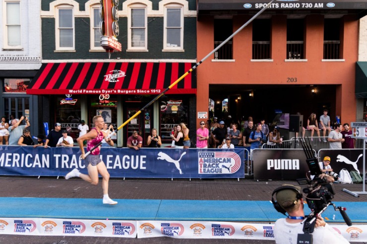 <strong>Sam Kendricks prepares to jump Saturday during the John &ldquo;Buck&rdquo; Ewing PRO Men&rsquo;s Pole Vault on the final day of the Ed Murphey Classic on Beale Street.</strong> (Brad Vest/Special to The Daily Memphian)