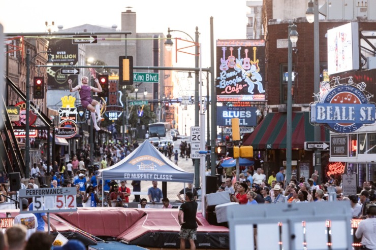 <strong>Pole-vaulter Zach Bradford clears the bar during the John &ldquo;Buck&rdquo; Ewing PRO Men&rsquo;s Pole Vault on the final day of the Ed Murphey Classic on Beale Street.</strong> (Brad Vest/Special to The Daily Memphian)