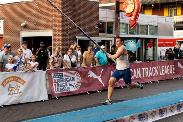 <strong>Matt Ludwig gains momentum Saturday during the pole-vault event on Beale Street.</strong> (Brad Vest/Special to The Daily Memphian)