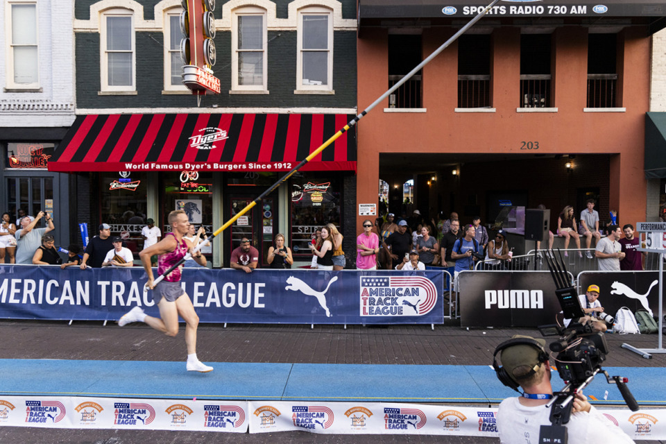 <strong>Sam Kendricks during the John &ldquo;Buck&rdquo; Ewing PRO Men&rsquo;s Pole Vault on the final day of the Ed Murphey Classic on Beale Street.</strong> (Brad Vest/ Special to The Daily Memphian)