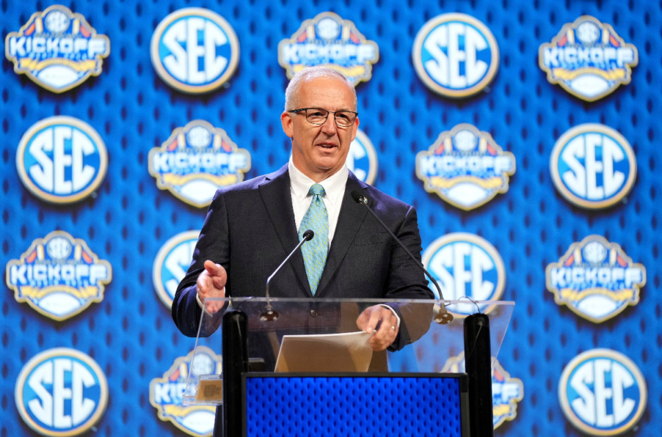 <strong>Southeastern Conference commissioner Greg Sankey speaks during SEC NCAA college football media days Monday, July 15, 2024, in Dallas</strong>. (Jeffrey McWhorter/AP Photo)