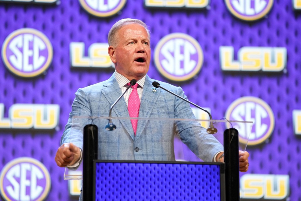 <strong>LSU head coach Brian Kelly speaks during Southeastern Conference NCAA college football media days Monday, July 15, 2024, in Dallas.</strong> (Jeffrey McWhorter/AP)