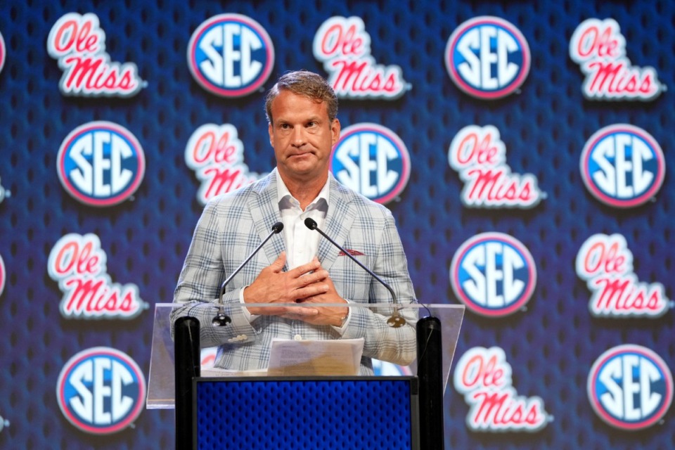 <strong>Ole Miss head football coach Lane Kiffin said during Conference NCAA college football media days Monday, July 15, in Dallas, that his late father Monte &ldquo;never wanted anybody to have a bad day. So this is me trying to do that.&rdquo;</strong> (Jeffrey McWhorter/AP)