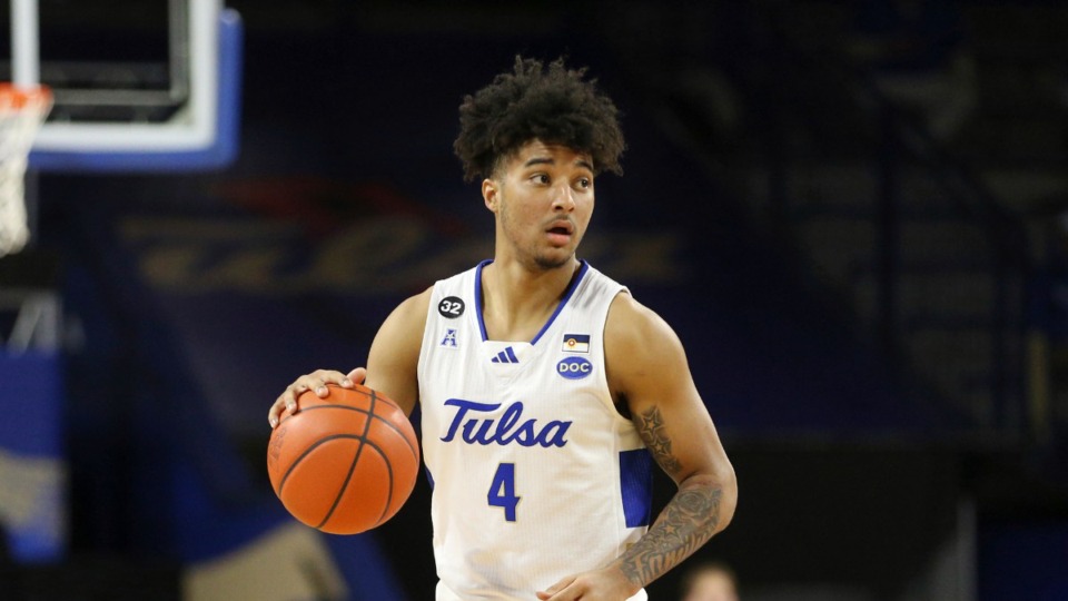 <strong>PJ Haggerty (4) dribbles while playing for Tulsa during the second half of an NCAA college basketball game, Thursday, Jan. 4, 2024, in Tulsa, Okla.</strong> (Joey Johnson/AP Photo)