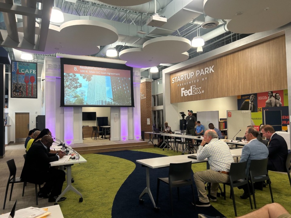 <strong>Jay Lindy and Billy Orgel present the 100 N. Main loan amendment a the Economic Development Growth Engine meeting.</strong> Sophia Surrett/The Daily Memphian)