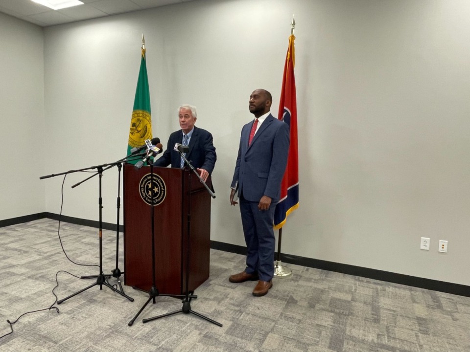 <strong>Shelby County District Attorney General Steve Mulroy and Shelby County Mayor Lee Harris made the announcement Thursday, July 18.&nbsp;</strong>(Julia Baker/The Daily Memphian)