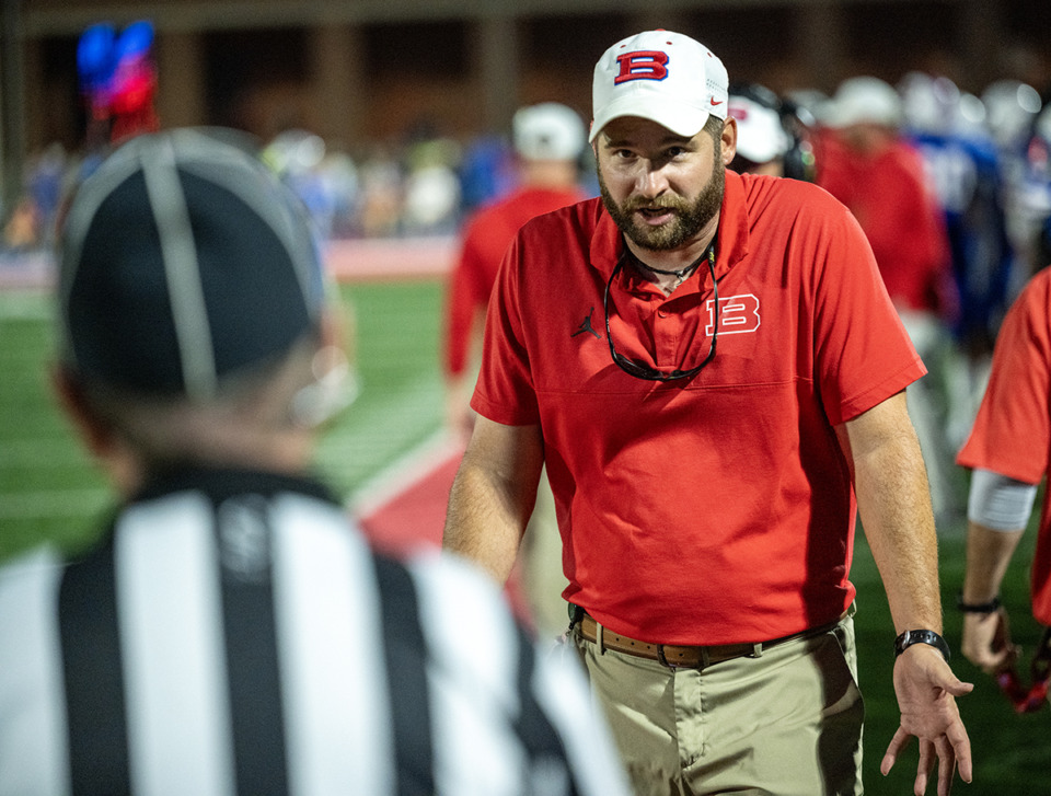 <strong>Bartlett head coach Chris Smith questions a call by the referees late in the second quarter of play against Collierville in the Class 6A, Region 8 contest at Bartlett High School, Friday, Sept. 1, 2023.&nbsp;</strong>(Greg Campbell/Special for The Daily Memphian file)