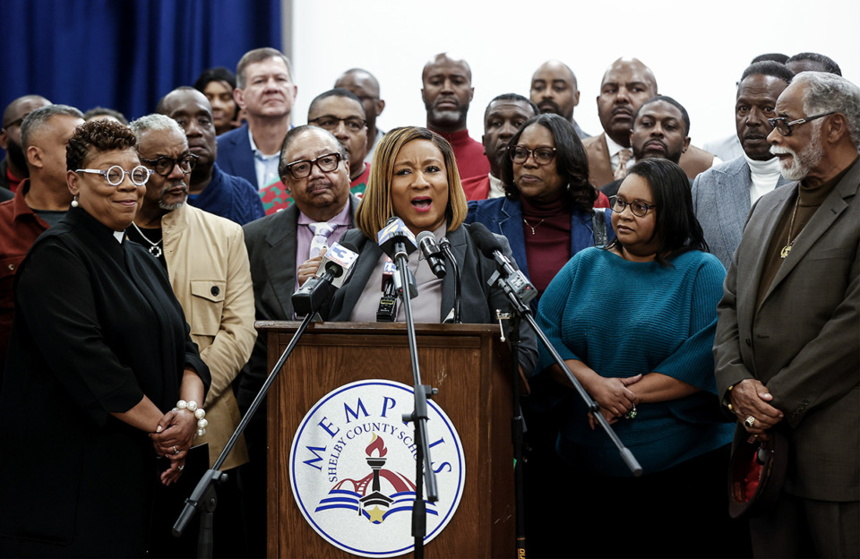 <strong>Former Memphis-Shelby County School&rsquo;s Interim Superintendent Toni Williams (middle) surrounded by local faith-based leaders, spoke aabout permitting the Satanic Temple to rent space at Chimneyrock Elementary School during a press conference on Dec. 13, 2023.</strong> (Mark Weber/The Daily Memphian file)&nbsp;