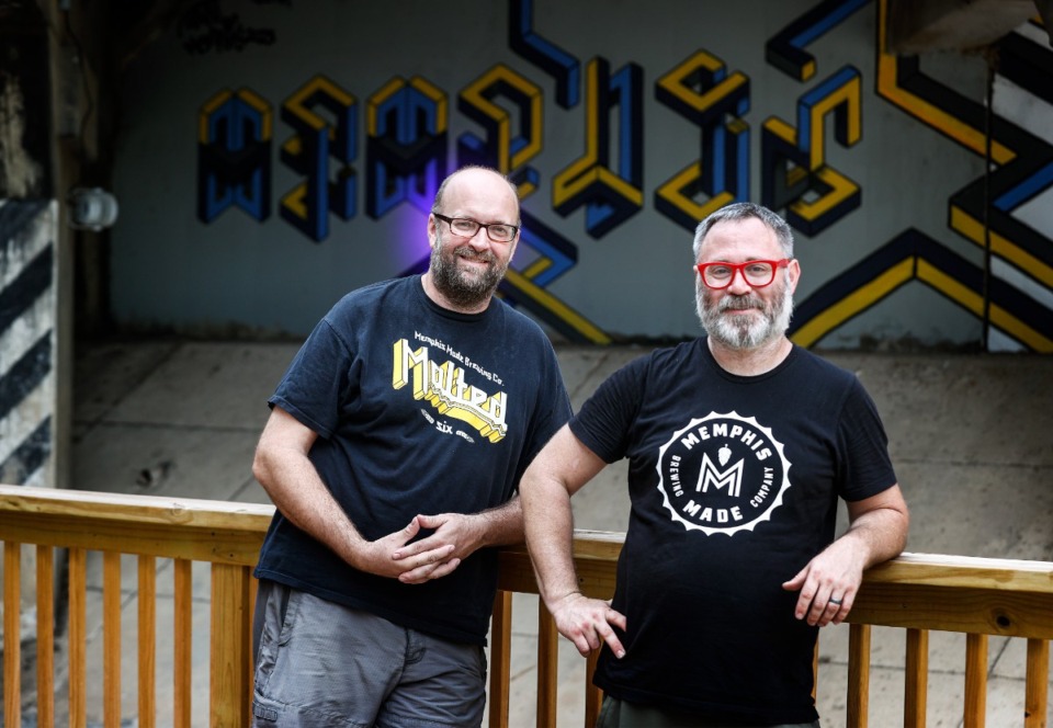 <strong>Memphis Made Brewing Company owners Drew Barton and Andy Ashby at their new Edge District brewery and taproom on Wednesday, July 17, 2024.</strong> (Mark Weber/The Daily Memphian)