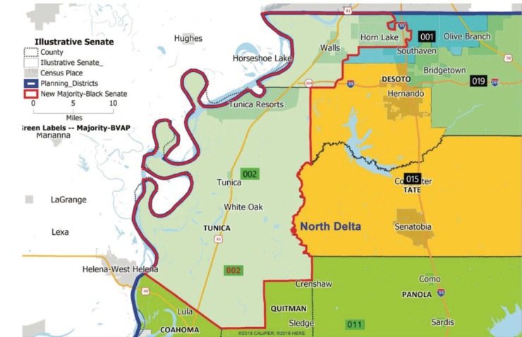 Proposed Illustrative Senate District 2 includes a new majority-Black district expanding from Tunica County through Walls and Horn Lake in DeSoto County.&nbsp;(Courtesy U.S. District Court of the Southern District of Mississippi)