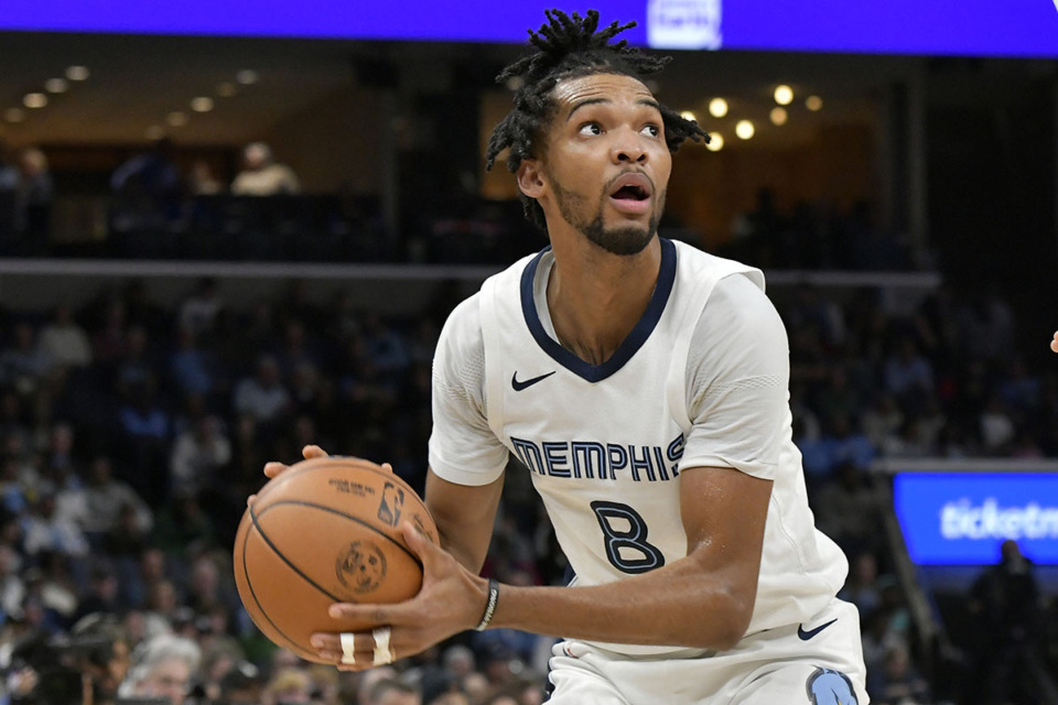 <strong>Memphis Grizzlies forward Ziaire Williams (8) plays in the second half of an NBA basketball game against the Milwaukee Bucks Feb. 15 in Memphis.</strong> (Brandon Dill/AP file)