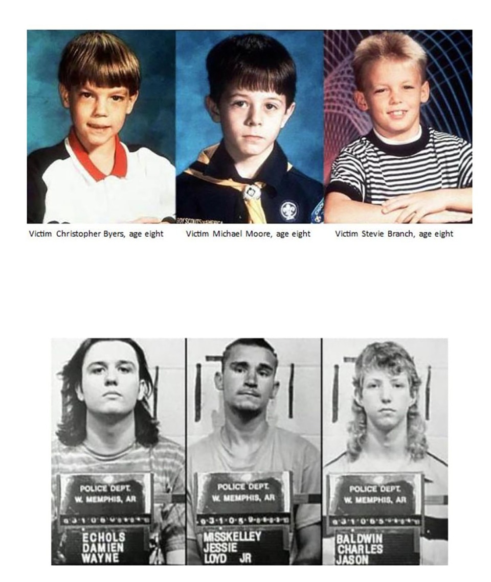 <strong>The West Memphis Three victims (top row) Christopher Byers, Michael Moore and Stevei Branch and accused (bottom row) Damien Echols, Jessie Misskelley and Jason Baldwin shown in photos.</strong>