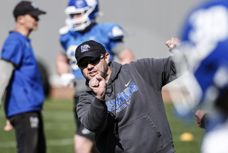 <strong>University of Memphis head coach Ryan Silverfield speaks during practice April 4.</strong> (Mark Weber/The Daily Memphian file)