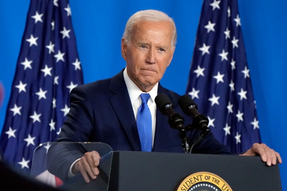 <strong>President Joe Biden speaks at a news conference July 11, 2024, in Washington. President Joe Biden dropped out of the 2024 race for the White House on Sunday, July 21, ending his bid for reelection following a disastrous debate with Donald Trump that raised doubts about his fitness for office just four months before the election.</strong> (Jacquelyn Martin/AP Photo file)