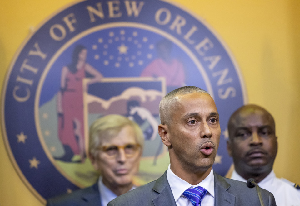 <strong>Then Consulting Chief of Operations for the New Orleans Police Department Fausto Pichardo, center, speaks during a press conference at New Orleans City Hall on Thursday, Sept. 8, 2022. Hoping to beef up a dwindling police force amid a rise in violent crime, New Orleans officials announced a three-year $80 million plan that day, offering raises for all officers, free health care and $30,000 in incentive payments for new hires</strong>.(Chris Granger/The Times-Picayune/The New Orleans Advocate via AP)