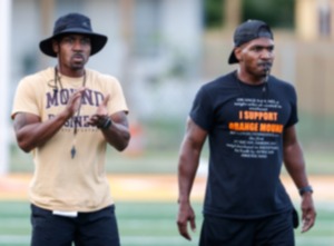 <strong>New Melrose football co-head coaches Gerald and Jarrett Morrow during practice on Wednesday, July 17, 2024.</strong> (Mark Weber/The Daily Memphian)