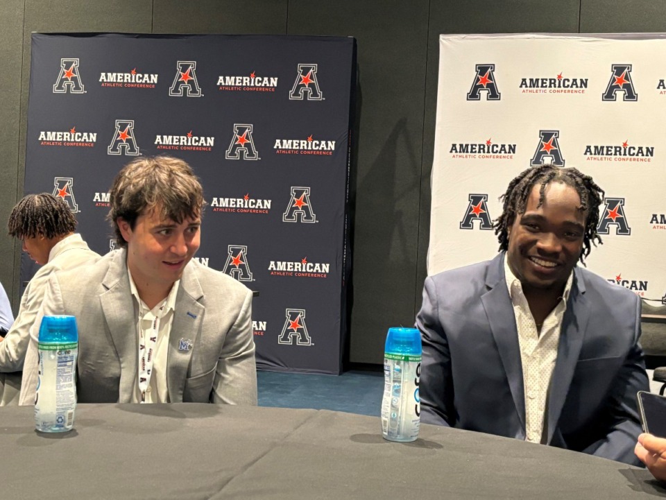 <strong>Seth Henigan and Chandler Martin answer questions at AAC Media Day on Tuesday, July 23, 2024.</strong> (Tim Buckley/The Daily Memphian)