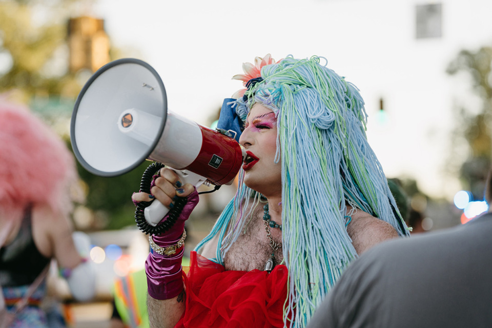 <strong>Moth Moth Moth led a crowd in chants on Sept. 30, 2023, following cancellation of a drag show at the Museum of Science and History.</strong> (Lucy Garrett/The Daily Memphian file)