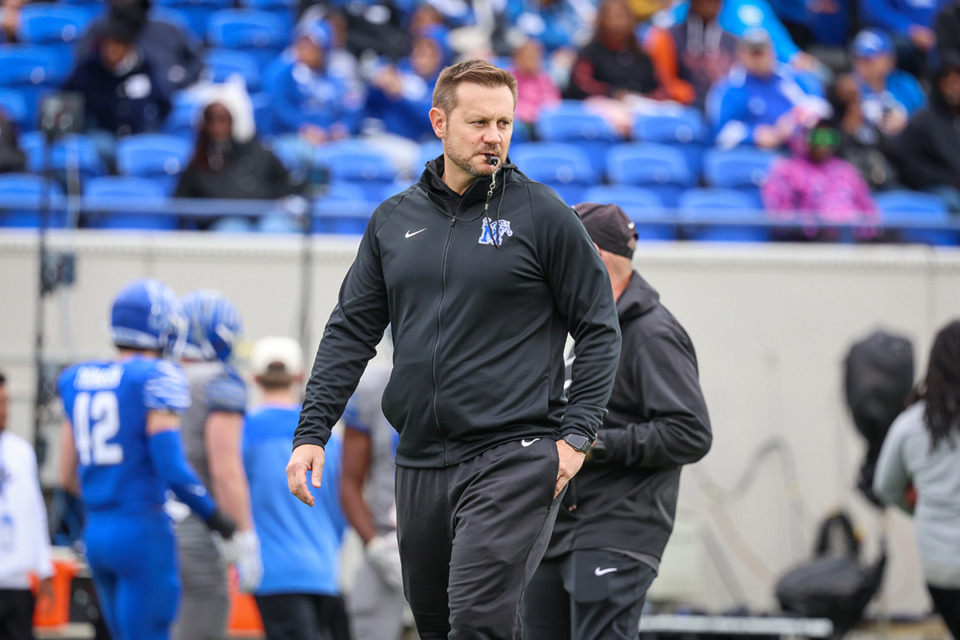 <strong>Memphis Tiger head coach Ryan Silverfield looks on during the spring game at Simmons Bank Liberty Stadium on April 20, 2024 in Memphis, Tennessee.</strong> (Wes Hale/Special to The Daily Memphian file)