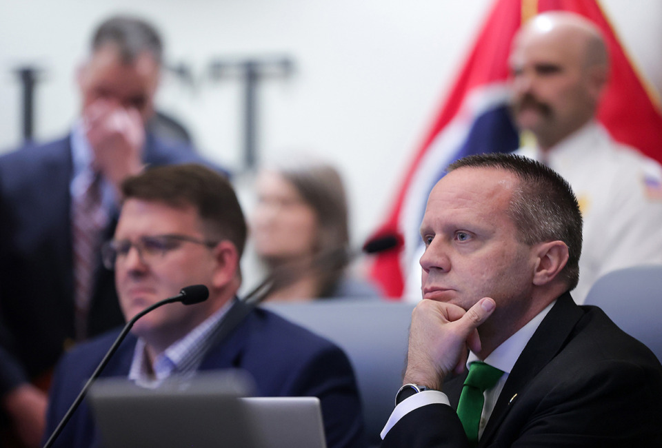 <strong>Bartlett aldermen Robert Griffin (right) and David Reaves listen to community members speak during a Jan. 12, 2023 Board of Mayor and Aldermen meeting.</strong> (Patrick Lantrip/The Daily Memphian file)