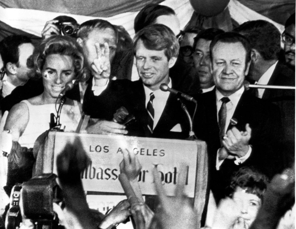 <strong>In this June 5, 1968 file photograph, U.S. Sen. Robert F. Kennedy, D-NY, speaks to campaign workers, June 5, 1968, as his wife Ethel, left, and California campaign manager and speaker of the California Assembly, Jesse Unruh, look on, at the Ambassador Hotel in Los Angeles. After making a short speech, Kennedy was shot in an adjacent room. Before the apparent attempted assassination of former President Donald Trump on Saturday, July 13, 2024, there have been multiple instances of political violence targeting U.S. presidents, former presidents and major party presidential candidates.</strong> (AP Photo file)